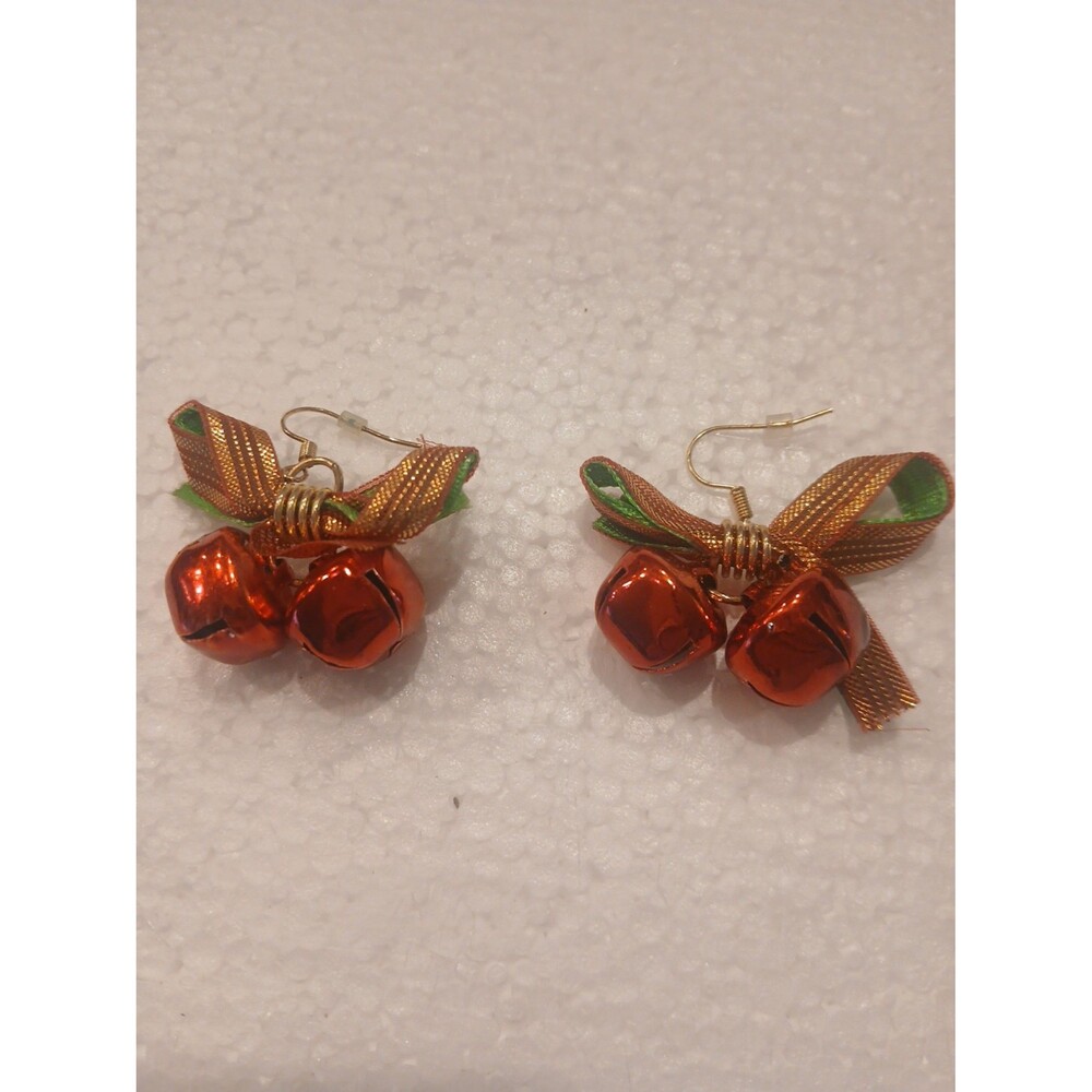 Christmas Jingle Bell Earrings with Green Ribbon Bow